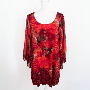 Style & Co Floral Roses Blouse L Red Bell Sleeves Flowy Relaxed Artsy Holiday